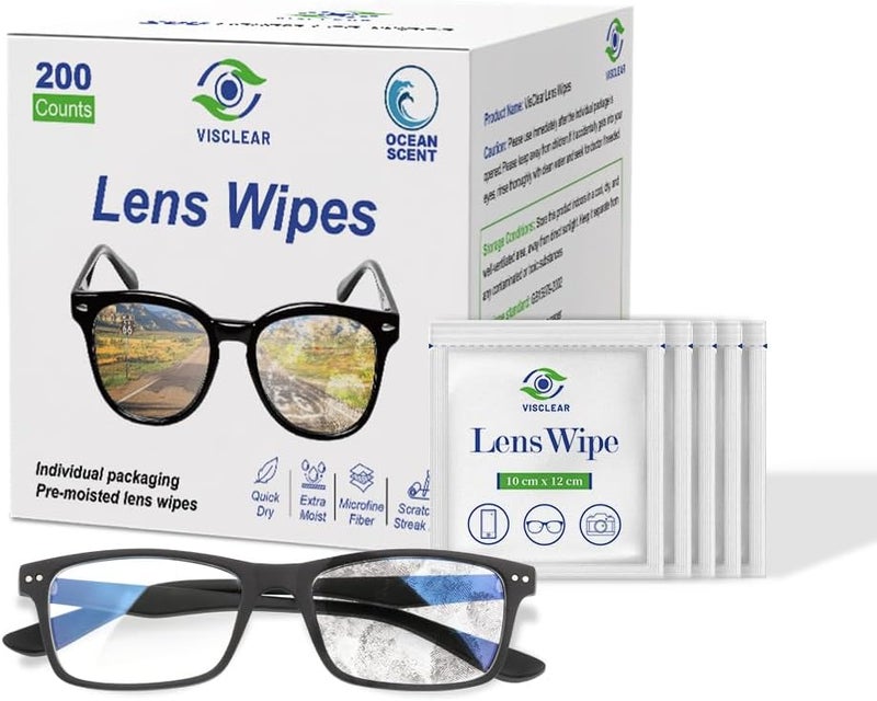 VisClear Lens Wipes for Eyeglasses, 200 Counts, Extra Moist Individually Wrapped Eyeglass Cleaner Wipes, Safe from Scratches and Streak, Glass Wipes for Eyeglasses, Camera Lens & Electronic Screens - Image 1